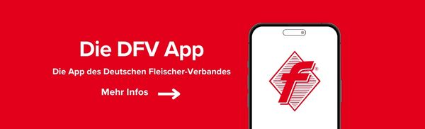Grafik zur DFV App mit Smartphone und Logo des Deutschen Fleischer-Verbands auf rotem Hintergrund. Das Bild verweist auf Informationen zur DFV App.